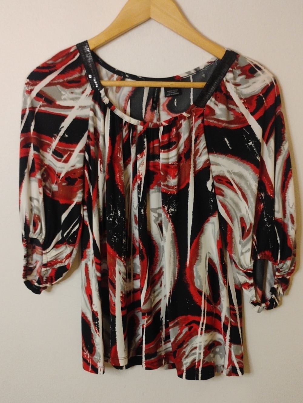 new directions Red Black White Abstract Scoop-Neck Blouse with Sequin Trim